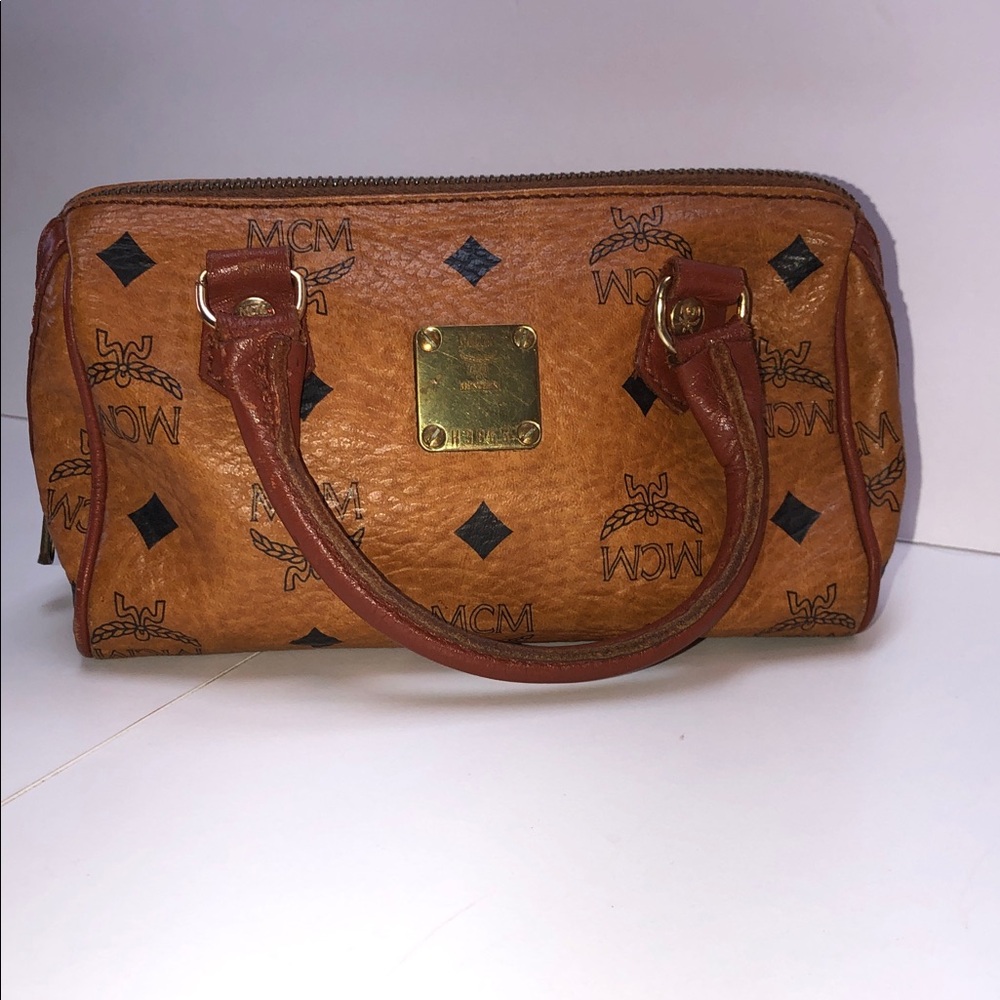 MCM Brown Visetos Monogram Mini Barrel Satchel with Gold Plaque